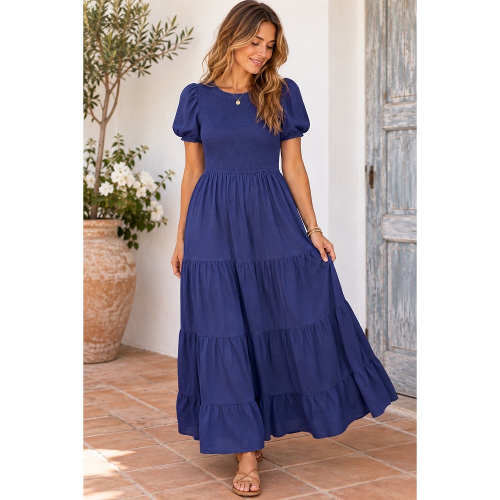 ZESICA Womens Navy Blue Smocked Puff Sleeve Tiered Maxi Dress Size Medium